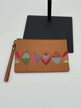Fossil Tan Leather Wristlet Clutch with Multicolor Leaf Appliqués